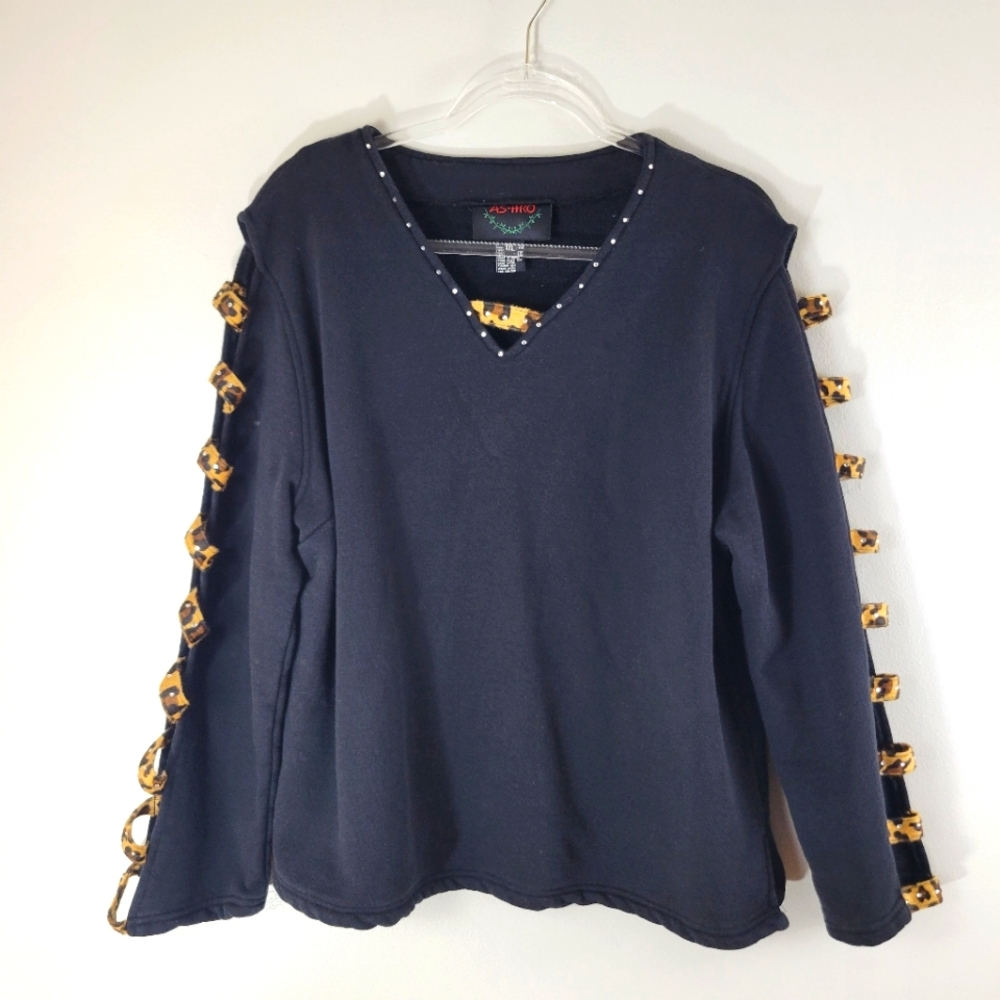 ASHRO black leopard bling jeweled ladder cut out sleeve popover sweatshirt